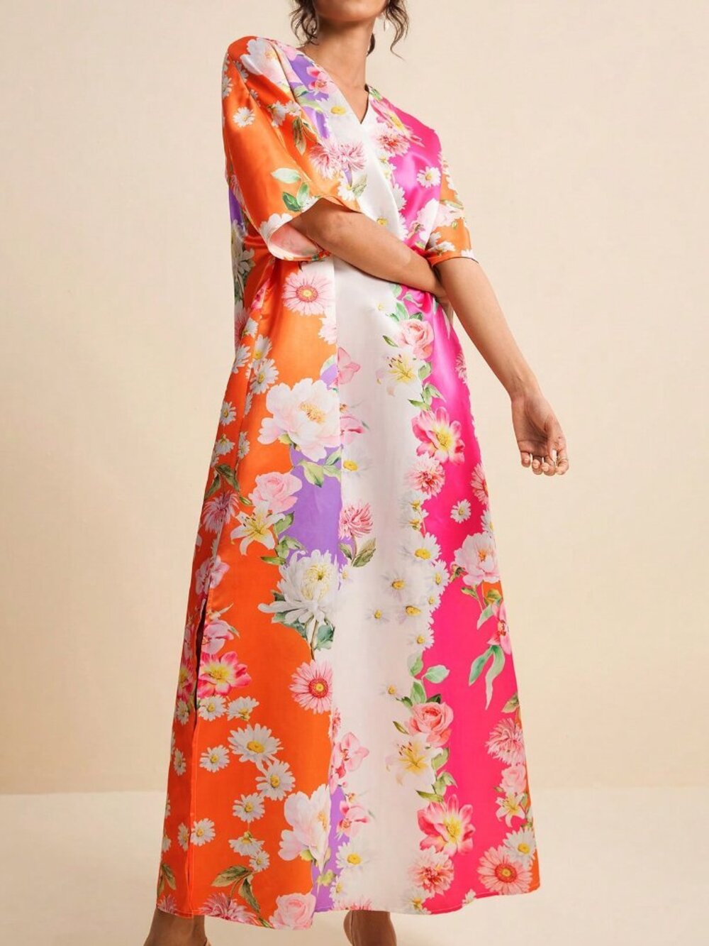 Multicolor Boho Tropical Floral Women's V-Neck Short Sleeve Printed Dress - Picture 6 of 8